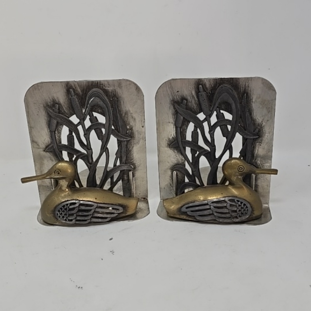 Vtg Metzke brass pewter duck mallard bookends figurine metal 1980 pond bird